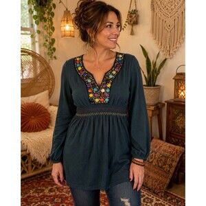 Hello Miss Teal Beaded Tunic Top Boho Long Sleeve NWT Size Large Colorful
